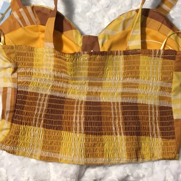 Plaid Vintage twine & string NY CORSET PLAID TOP padded  brown plaid size M - Picture 3 of 13